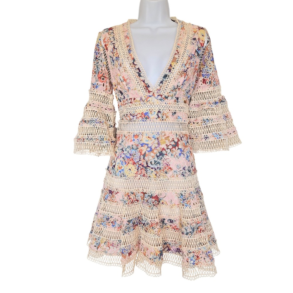 Few Moda Lovelorn Floral Eyelet Lace Flutter Mini Dress S Boho Romantic Cottage - Picture 2 of 12
